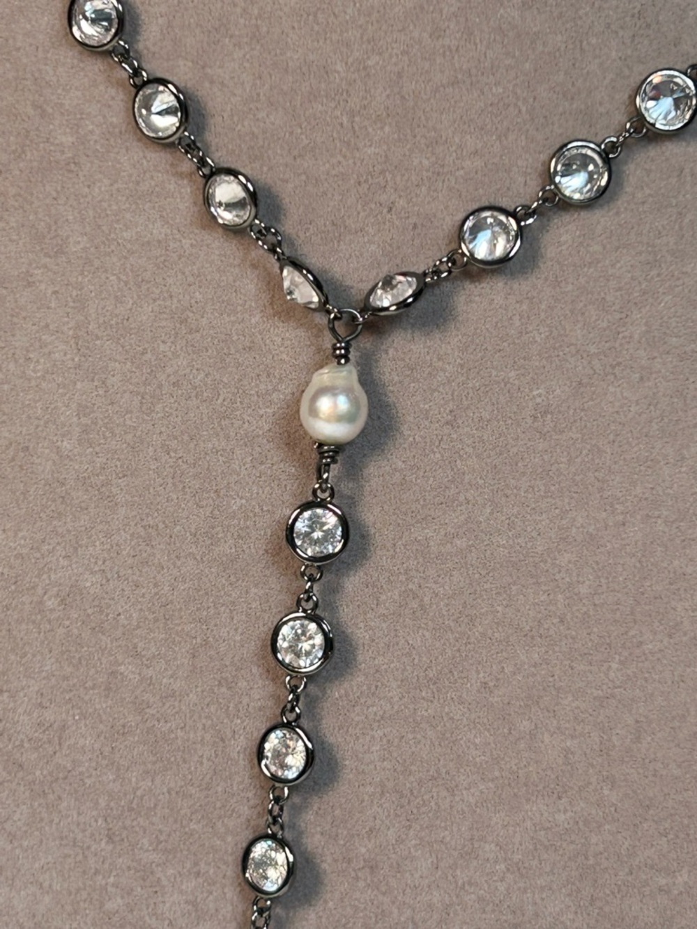 Quartz Crystal w/Pearl Accent Open Bezel Y Necklace 37” by Earthy Luxe